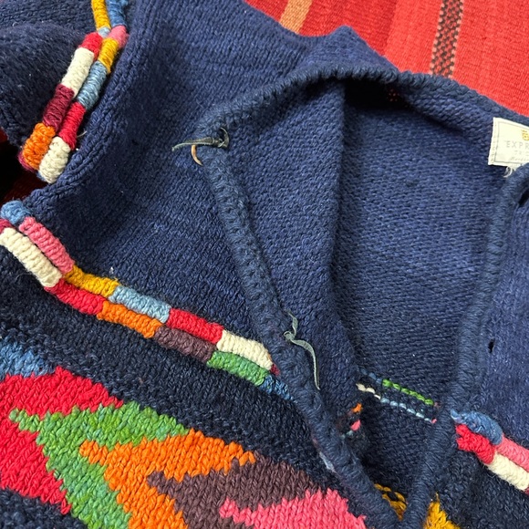 Vintage Express Tricot Handknitted Bolivian Wool Cardigan Navy Floral Boho - Picture 8 of 8